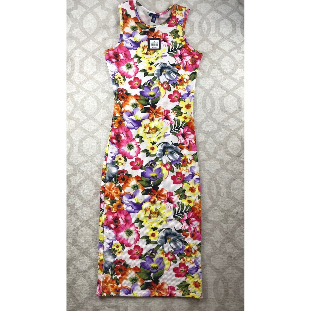 UK2LA Floral Bodycon Dress Women Medium White Multicolor NWT Textured Midi